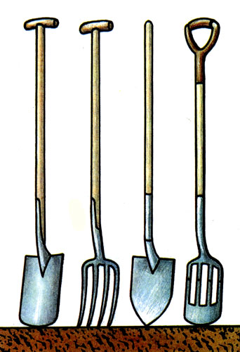 Среди орудий, предназначенных для обработки почвы, — лопаты различных типов: ровные, заостренные, вилообразные, комбинированные. Для удобства работы важна и форма рукоятки 